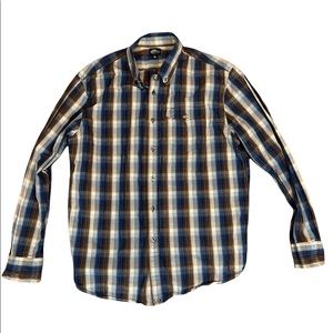 LL Bean Womens Cotton Brown Blue Plaid Shirt Roll Tab Long Sleeves Size Large L